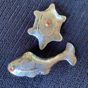 Vintage Etched Silver Fish and Turtle Snuff Box Set